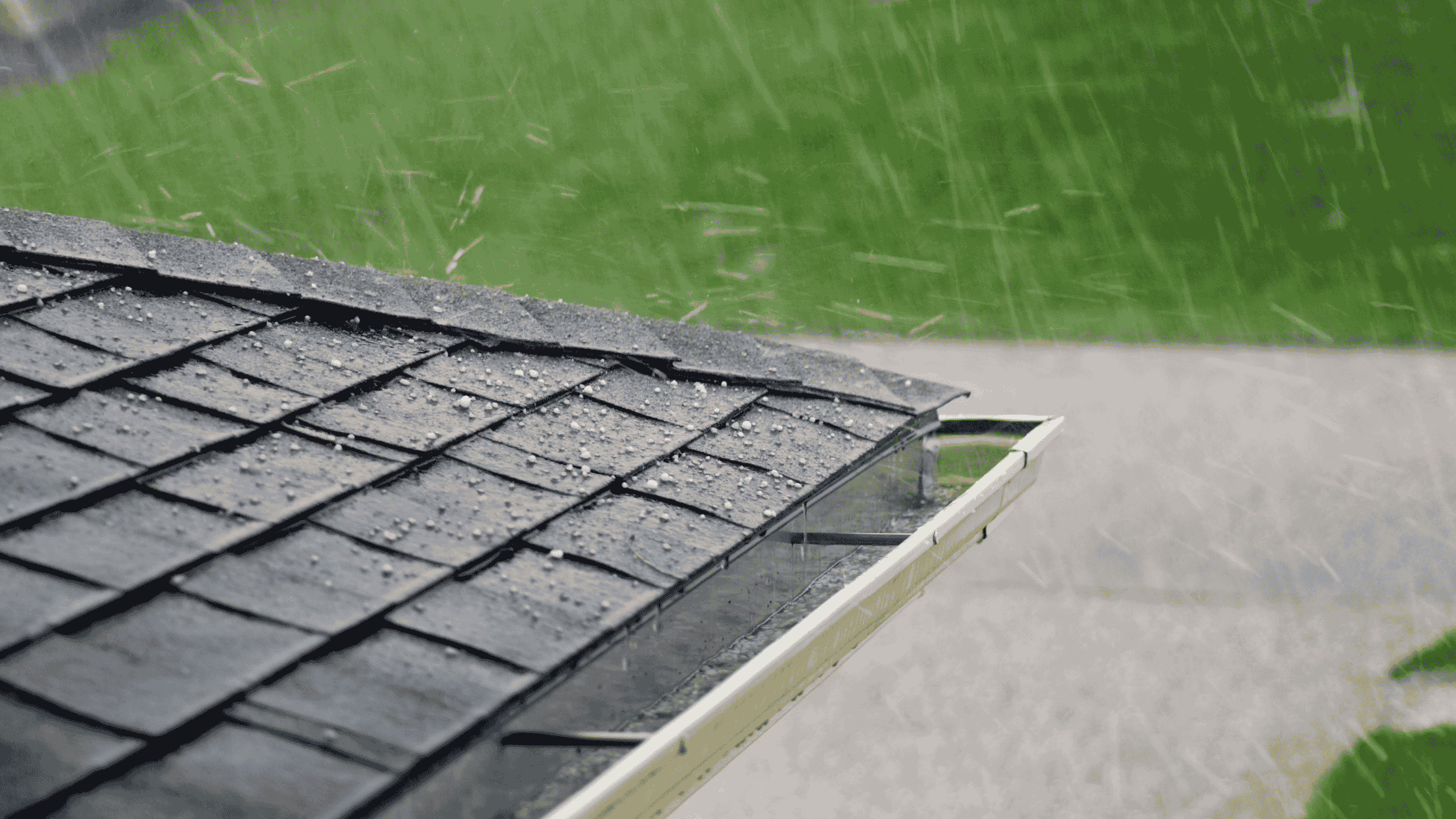 Rain falls heavily on a shingled roof, with water running into a white gutter—a reminder of the importance of storm damage roof repair. In the background, a green lawn and gray walkway are visible through the rainfall.